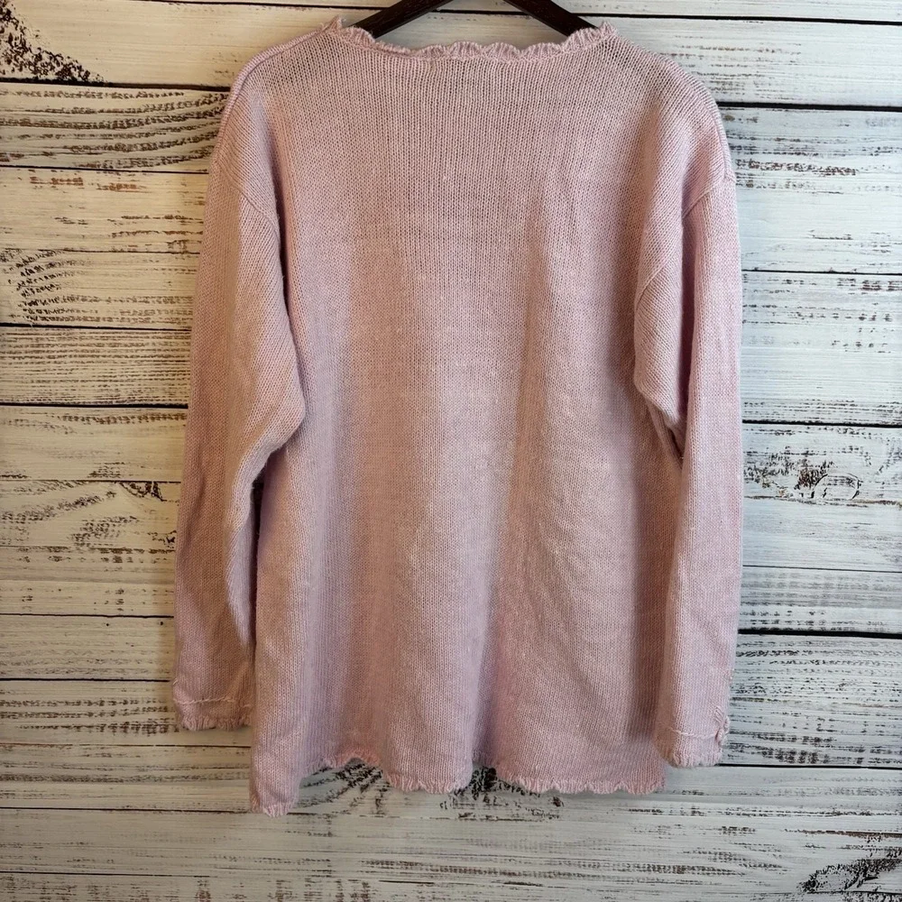 Vintage 80s 90s Sweater L Pink Cottagecore Embellished Pearls 3D Feminine Granny